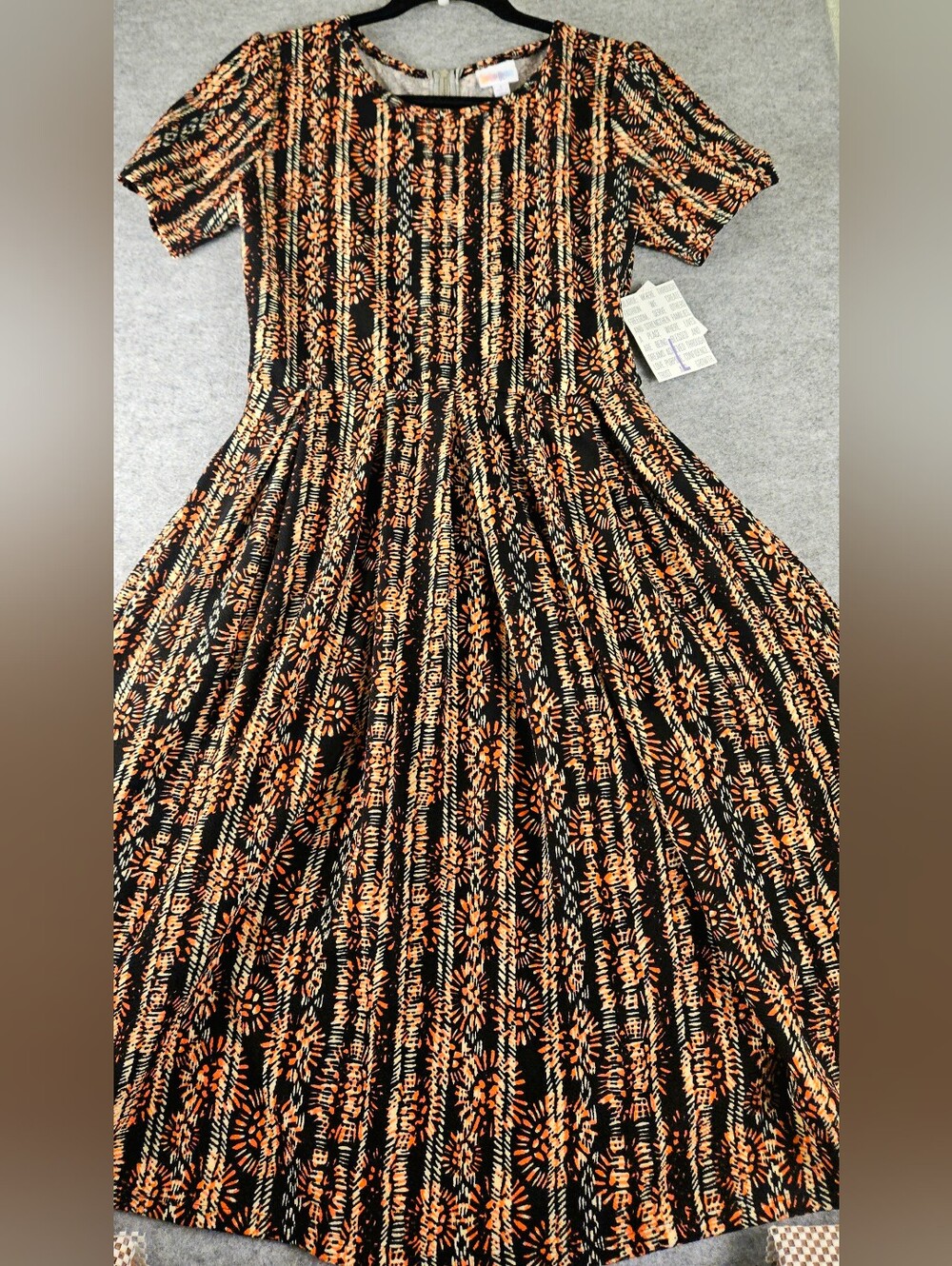 NWT LuLaRoe Amelia Large Black Orange Tan Tribal Sunburst Fit & Flare Dress